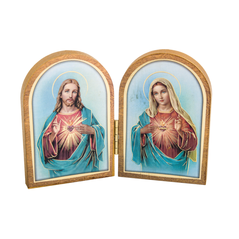 Diptyque bois 6x9cm redorée à la feuille d´or image Saint + prière SC Jésus + SC Marie