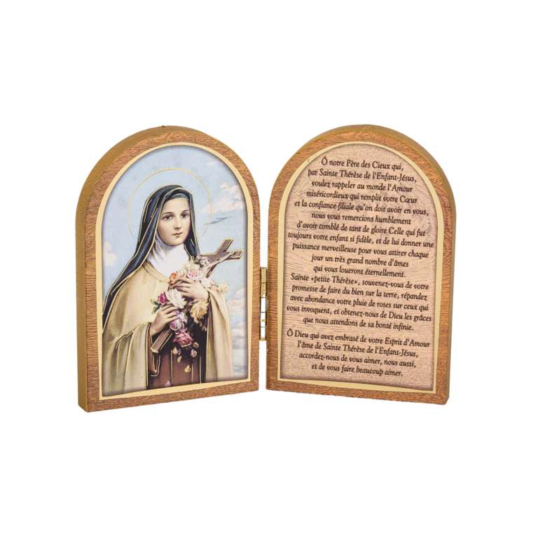 Diptyque bois 6x9cm redorée à la feuille d´or image Saint + prière Ste Thérèse