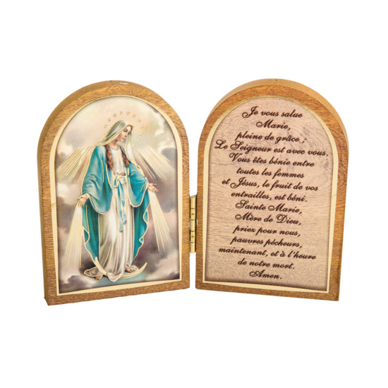 Diptyque bois 6x9cm redorée à la feuille d´or image Saint + prière Vierge Miraculeuse