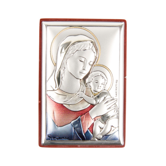 Support en bois à poser H. 6 x 4 cm sujet plaque laminée argentée et colorée de la Vierge à l'enfant.
