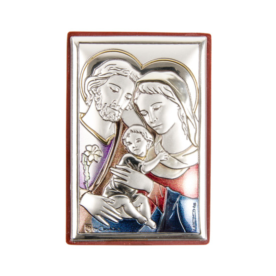 Support en bois à poser H. 6 x 4 cm sujet plaque laminée argentée et colorée de la Sainte Famille.