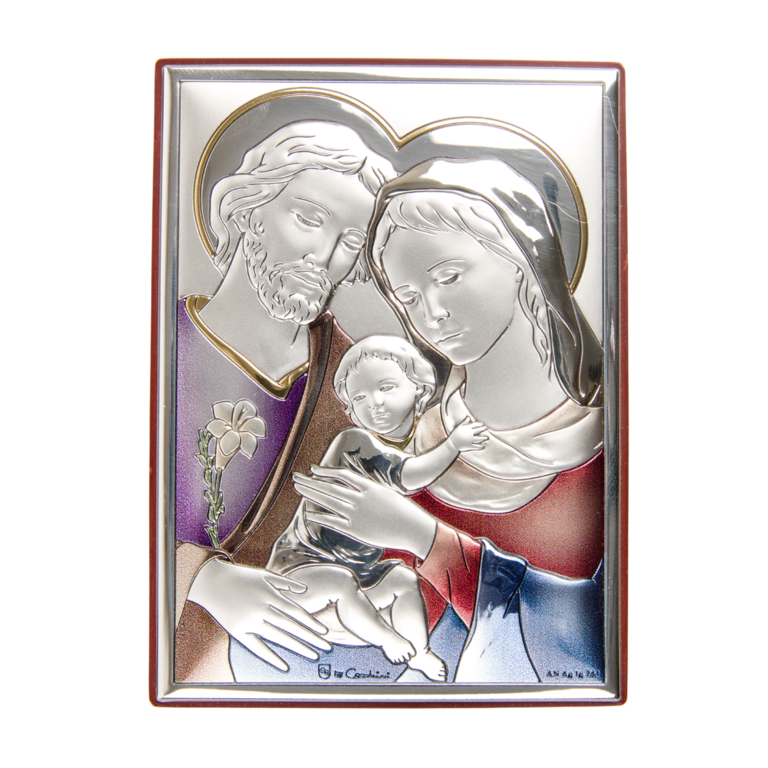 Support en bois à suspendre ou à poser H. 11 x 8 cm sujet plaque laminée argentée et colorée de la Sainte Famille.