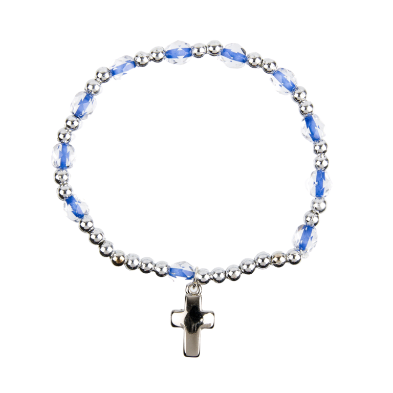 Bracelet dizainier sur élastique couleur argentée et grains oeil de chat à facettes, Ø 8 mm, avec croix.