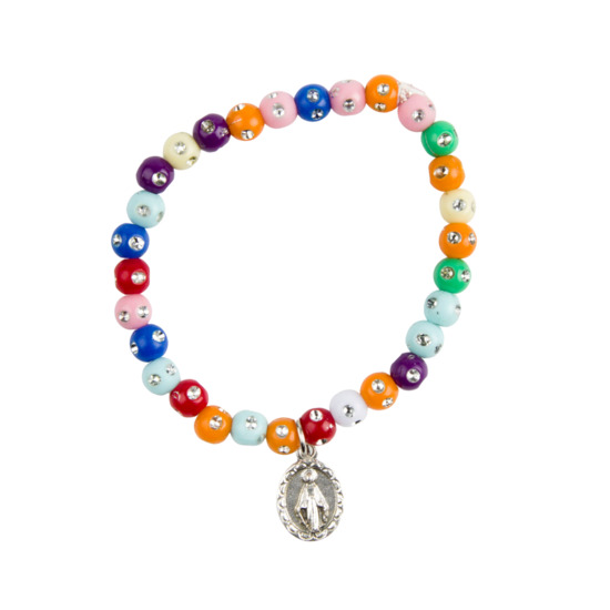Bracelet sur élastique pour enfant, avec grains multicolores et strass, Ø 5 mm avec médaille Vierge Miraculeuse.