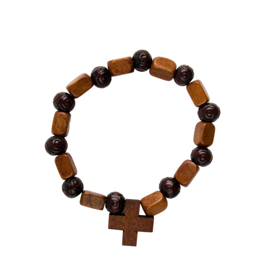 Bracelet dizainier sur élastique bois grains rectangle Ø 5 mm, avec croix bois.
