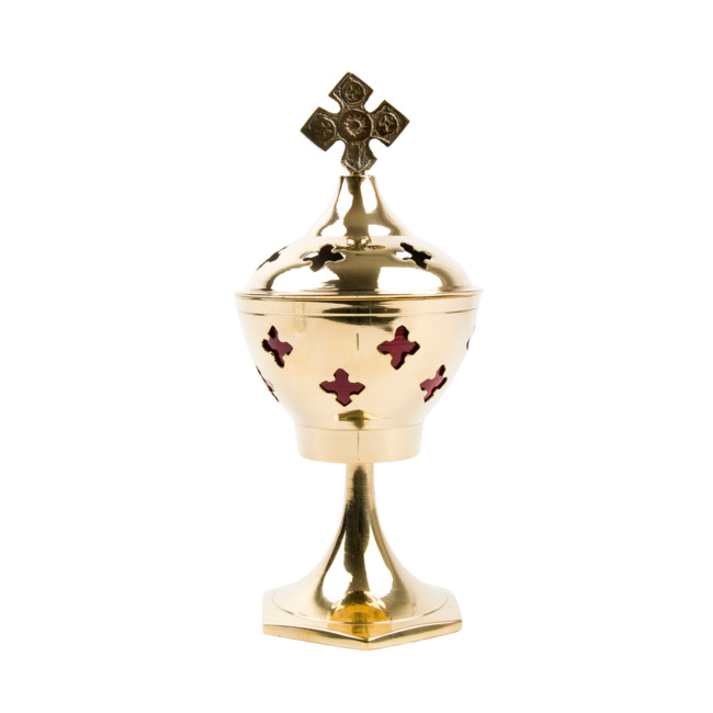 Brûle encens doré double cuve avec croix, hauteur 16 cm, Ø 7 cm. Livré en boîte individuelle.
