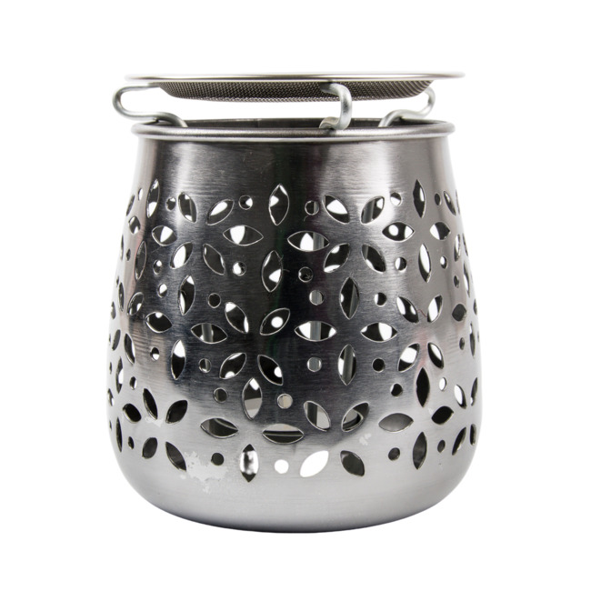 Brûle encens photophore en métal argenté avec grille et bougie, Ø 10 cm. Livré en boîte individuelle.