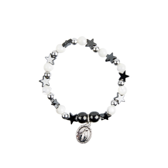 Bracelet dizainier sur élastique pour enfant avec grains en hématite forme étoile et grains nacre Ø 6 mm, médaille Vierge Miraculeuse.