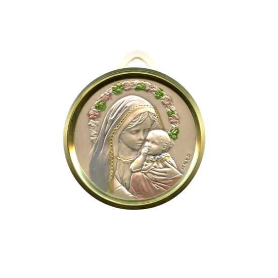 Médaille de berceau plaque laminée en argent Ø 5 cm livrée avec rubans bleu et rose,  Vierge à l'enfant couronnée de fleurs.