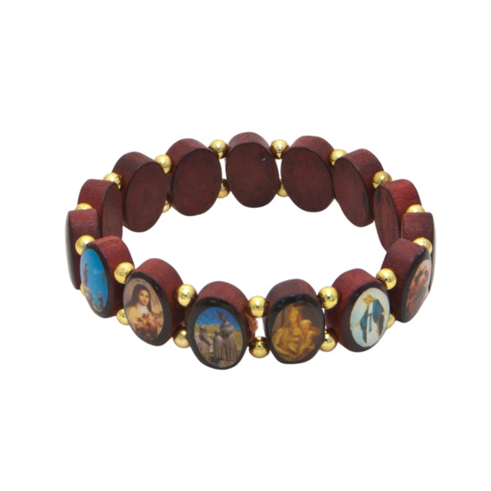 Bracelet sur élastique des saints, images vernies, grains en bois marron, forme ovale petit, hauteur 1,4 cm.