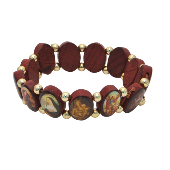 Bracelet sur élastique des saints, images vernies, grains en bois marron, forme ovale moyen, hauteur 1,7 cm.