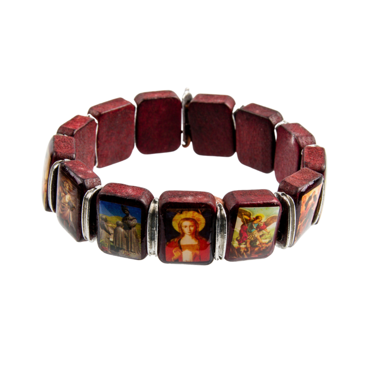 Bracelet sur élastique des saints, images vernies, grains en bois marron, forme rectangle, hauteur 1,5 cm.