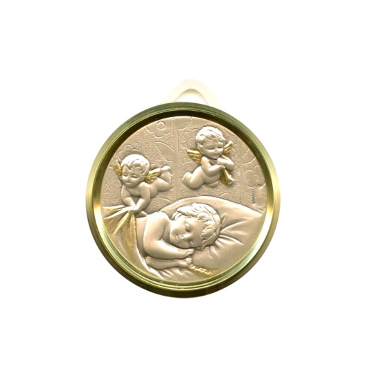 Médaille de berceau plaque laminée en argent Ø 5 cm livrée avec rubans bleu et rose, de l'enfant et des anges protecteurs.