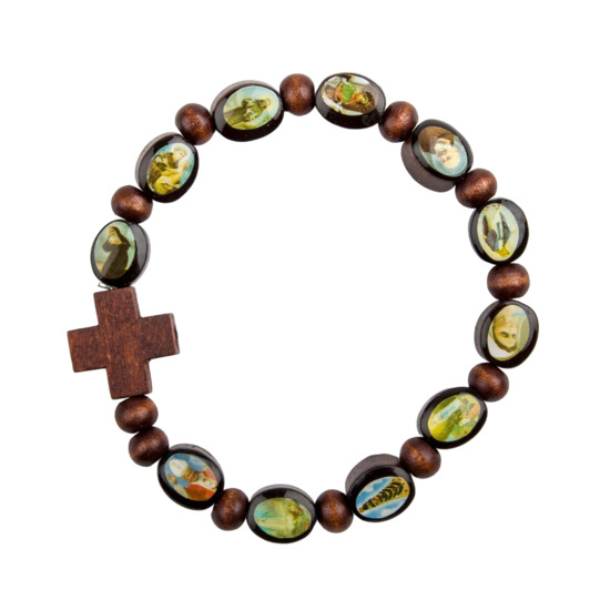 Bracelet dizainier sur élastique des saints, images vernies, grains en bois marron, forme ovale, Ø 7 mm.