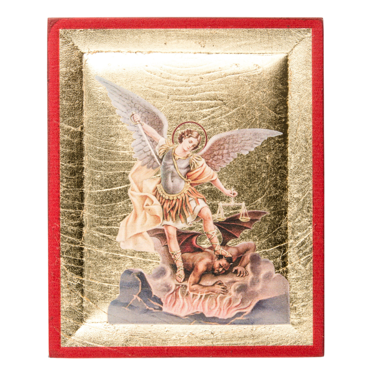 Icône en bois sérigraphiée à suspendre ou à poser H. 8 x 6,5 cm de saint Michel - livrée en boîte