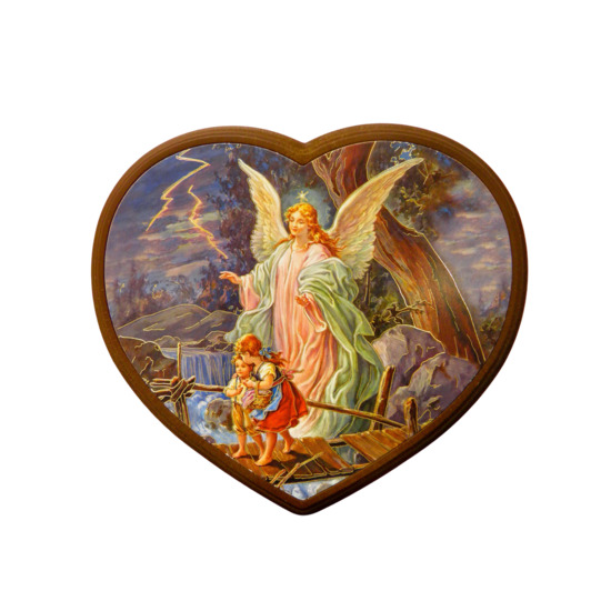 Cadre en bois forme coeur à suspendre H. 13 x 16 cm avec image collée de l'Ange gardien.