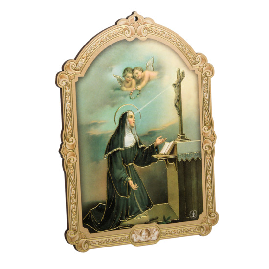 Cadre en bois à suspendre avec liseret doré H. 14 x 10,5 cm  image collée de sainte Rita.