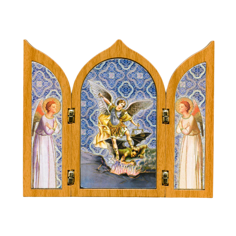 Triptyque en plastique façon bois à poser H. 10 x 12,5 cm avec image de saint Michel