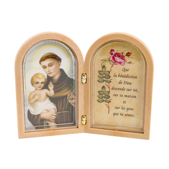 Diptyque plastique façon bois avec prière bénédiction à poser H. 10 x 12,5 cm avec image de saint Antoine