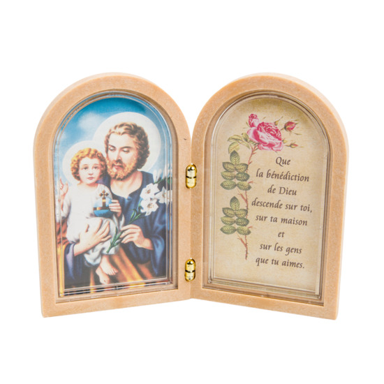 Diptyque plastique façon bois avec prière bénédiction à poser H. 10 x 12,5 cm avec image de saint Joseph