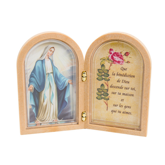 Diptyque plastique façon bois avec prière bénédiction à poser H. 10 x 12,5 cm avec image, plusieurs saints. 