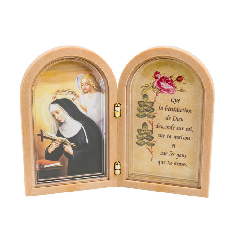 Diptyque plastique façon bois avec prière bénédiction à poser H. 10 x 12,5 cm avec image de sainte Rita
