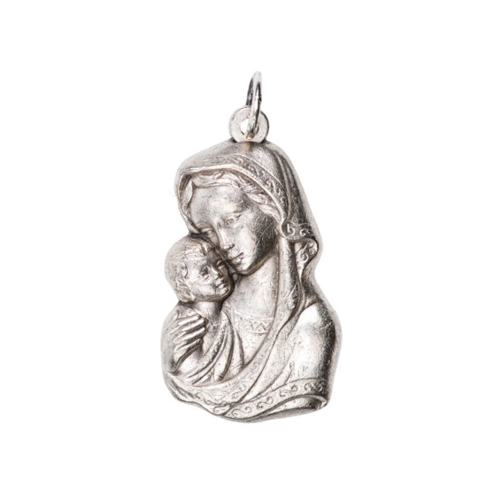 Pendentif de cou de la Vierge à l´enfant en métal couleur argentée H. 2,7 cm.