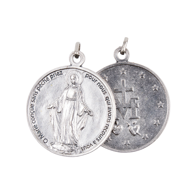 Médaille de porte en métal couleur argentée de la Vierge Miraculeuse Ø 4,5 cm inscription en Français