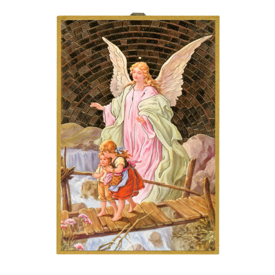 Cadre en bois finition feuille d'or à suspendre H. 15 x 10 cm image collée de l'Ange gardien.