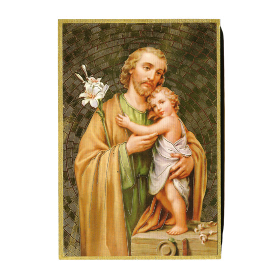 Cadre en bois finition feuille d'or à suspendre H. 15 x 10 cm image collée de saint Joseph.