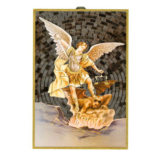 Cadre en bois finition feuille d'or à suspendre H. 15 x 10 cm image collée de saint Michel.