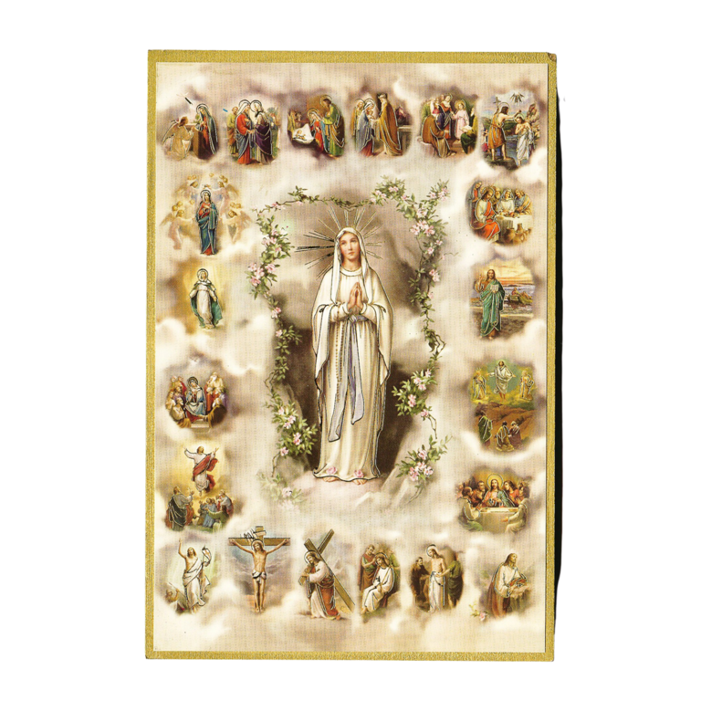 Cadre en bois finition feuille d'or à suspendre H. 15 x 10 cm image collée de ND de Lourdes - rosaire.