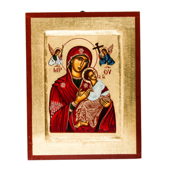 Icone en bois sérigraphiée H.17x14 cm, de la vierge du Perpétuel secours Rouge