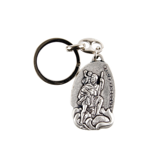 Porte-clés de saint Christophe H. 4 cm en métal couleur argentée.