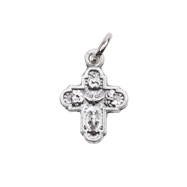 Croix de cou des saints protecteurs en métal couleur argentée H. 1,4 cm.