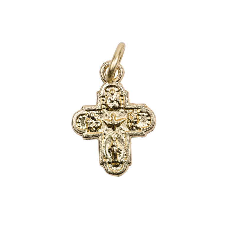 Croix de cou des saints protecteurs en métal couleur dorée H. 1,4 cm.
