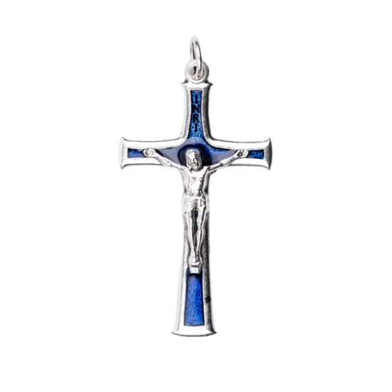 Croix de cou en métal couleur argentée émaillé couleur bleue avec Christ H. 4 cm.