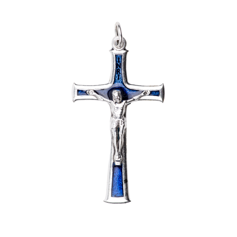 Croix de cou en métal couleur argentée émaillé couleur bleue avec Christ H. 4 cm.