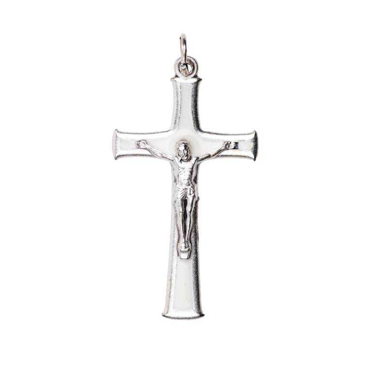 Croix de cou en métal couleur argentée émaillé couleur blanche avec Christ H. 4 cm.