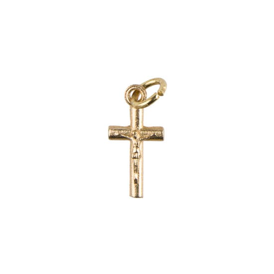 Croix de cou forme tube en métal couleur dorée avec Christ H. 1,5 cm.