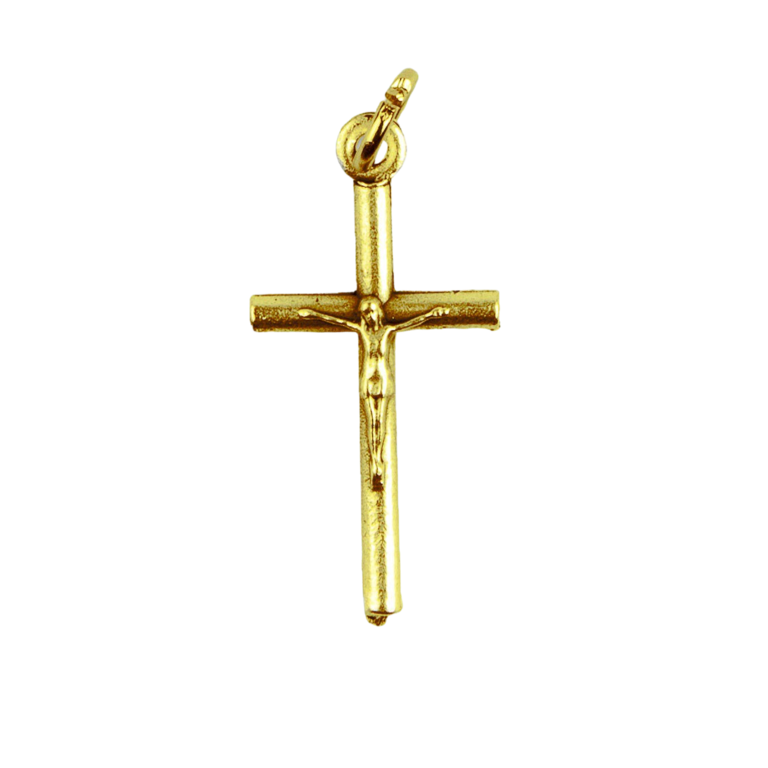 Croix de cou forme tube en métal couleur dorée avec Christ H. 2,5 cm.