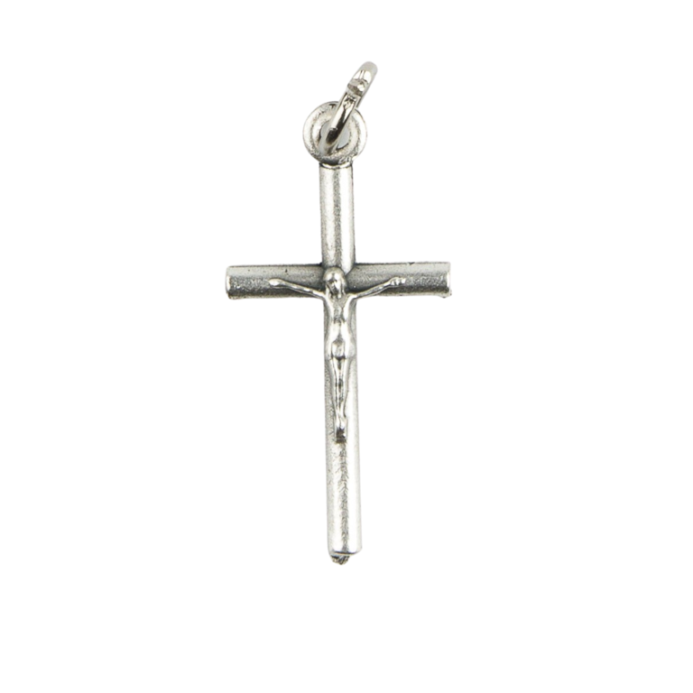 Croix de cou forme tube en métal couleur argentée avec Christ H. 2,5 cm.