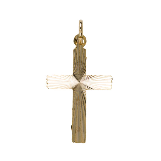 Croix de cou striée en métal couleur dorée H. 2,5 cm.
