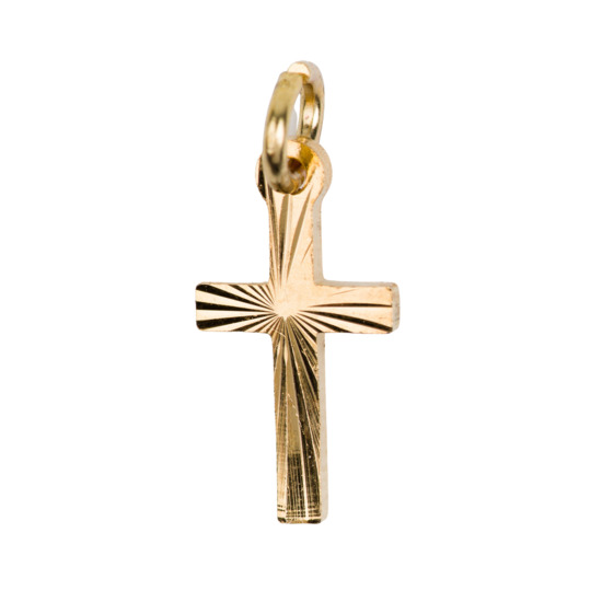 Croix de cou striée en métal couleur dorée H. 1,5 cm.
