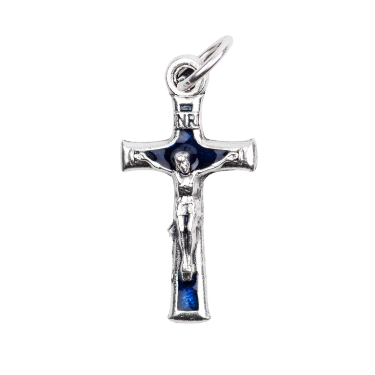 Croix de cou métal émaillée bleue avec Christ H. 2 cm.