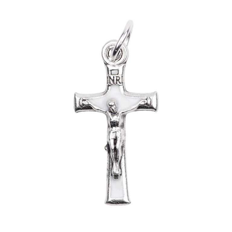 Croix de cou métal émaillée blanche avec Christ H. 2 cm.