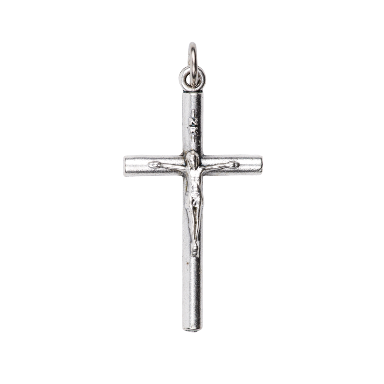 Croix de cou tube avec Christ en métal couleur argentée H. 3,5 cm.