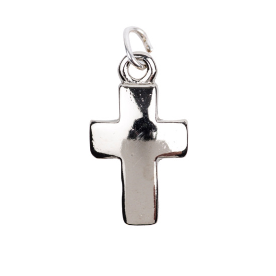 Croix de cou bombée en métal couleur argentée  H. 1,5 cm.