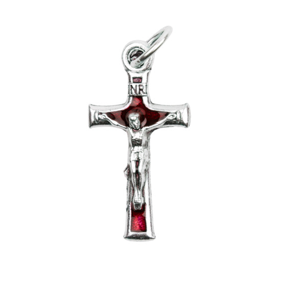 Croix de cou métal émaillée rouge avec Christ H. 2 cm.