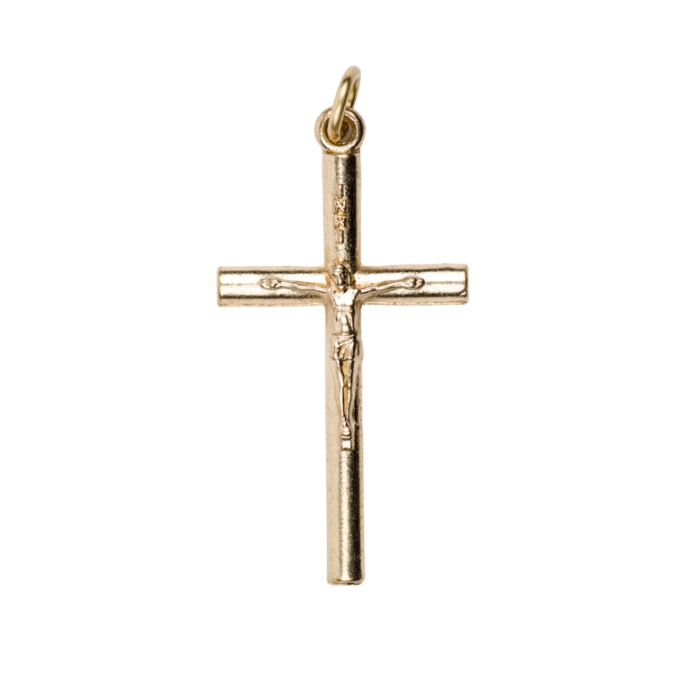 Croix de cou tube avec Christ en métal couleur dorée H. 3,5 cm.